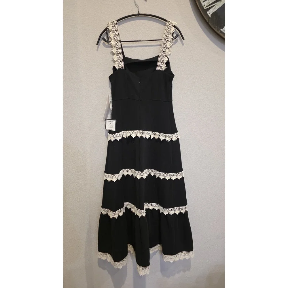 Adrianna Papell Black Ecru Knit Crochet Trim Tiered Midi Dress AD3D105940 Size 2